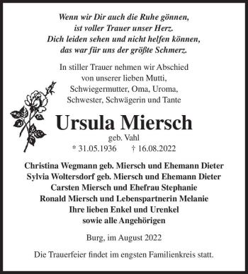 Traueranzeige von Ursula Miersch (geb. Vahl)  von Magdeburger Volksstimme