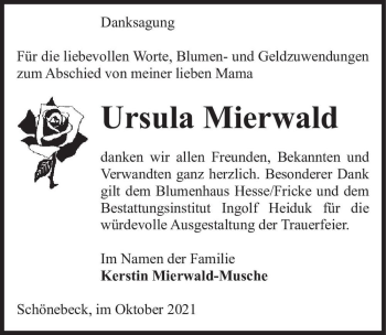 Traueranzeige von Ursula Mierwald  von Magdeburger Volksstimme