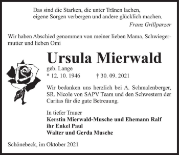 Traueranzeige von Ursula Mierwald (geb. Lange)  von Magdeburger Volksstimme