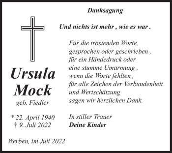Traueranzeige von Ursula Mock (geb. Fiedler)  von Magdeburger Volksstimme