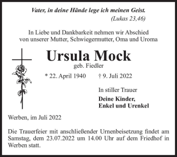 Traueranzeige von Ursula Mock (geb. Fiedler)  von Magdeburger Volksstimme