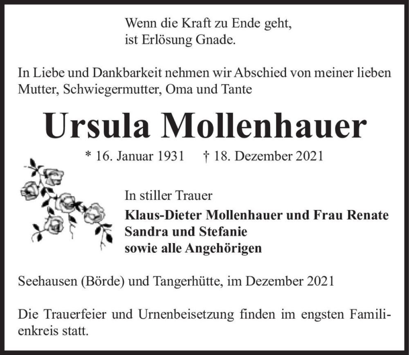  Traueranzeige für Ursula Mollenhauer  vom 31.12.2021 aus Magdeburger Volksstimme