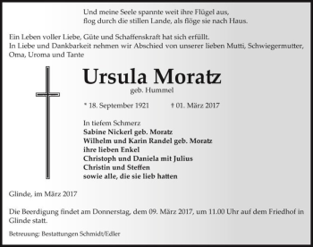 Traueranzeige von Ursula Moratz (geb. Hummel)  von Magdeburger Volksstimme