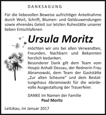 Traueranzeige von Ursula Moritz  von Magdeburger Volksstimme