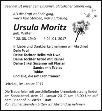 Traueranzeige von Ursula Moritz (geb. Walter)  von Magdeburger Volksstimme