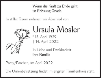 Traueranzeige von Ursula Mosler  von Magdeburger Volksstimme