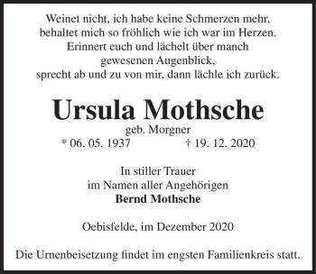 Traueranzeige von Ursula Mothsche (geb. Morgner)  von Magdeburger Volksstimme