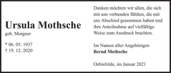 Traueranzeige von Ursula Mothsche (geb. Morgner)  von Magdeburger Volksstimme