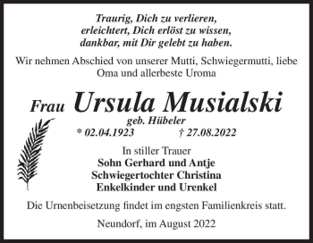 Traueranzeige von Ursula Musialski (geb. Hübeler)  von Magdeburger Volksstimme
