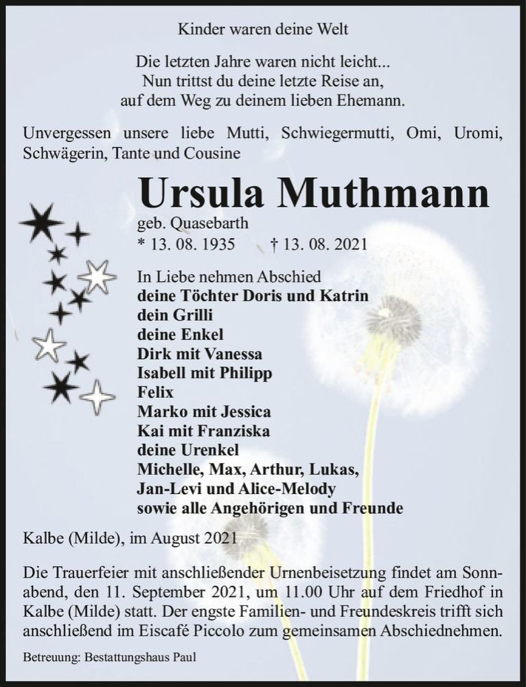  Traueranzeige für Ursula Muthmann (geb. Quasebarth)  vom 19.08.2021 aus Magdeburger Volksstimme
