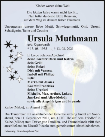 Traueranzeige von Ursula Muthmann (geb. Quasebarth)  von Magdeburger Volksstimme