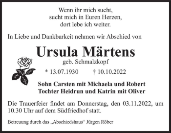 Traueranzeige von Ursula Märtens (geb. Schmalzkopf)  von Magdeburger Volksstimme