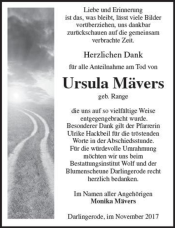 Traueranzeige von Ursula Mävers (geb. Range)  von Magdeburger Volksstimme