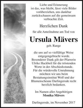 Traueranzeige von Ursula Mävers (geb. Range)  von Magdeburger Volksstimme