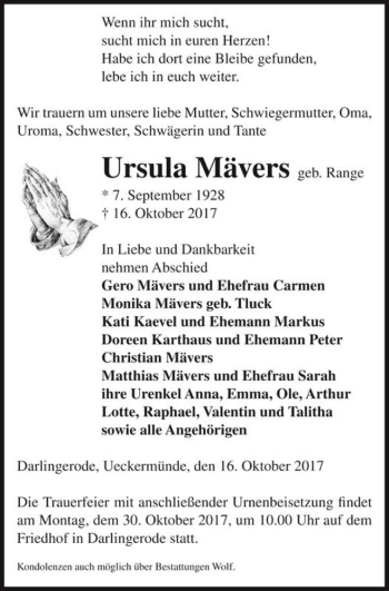 Traueranzeige von Ursula Mävers (geb. Range)  von Magdeburger Volksstimme