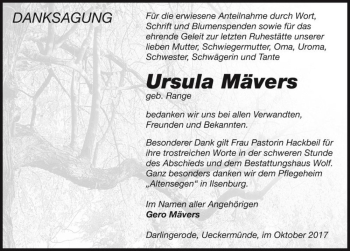 Traueranzeige von Ursula Mävers (geb. Range)  von Magdeburger Volksstimme