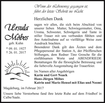 Traueranzeige von Ursula Möbes (geb. Kuhn)  von Magdeburger Volksstimme