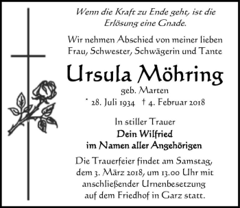 Traueranzeige von Ursula Möhring (geb. Marten)  von Magdeburger Volksstimme