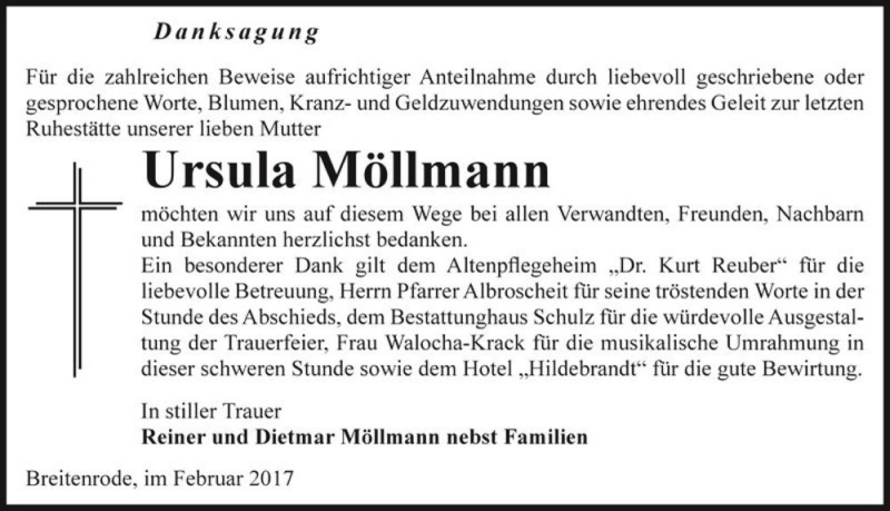  Traueranzeige für Ursula Möllmann  vom 18.02.2017 aus Magdeburger Volksstimme
