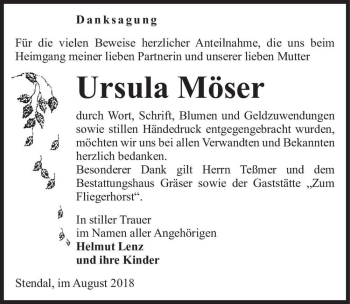 Traueranzeige von Ursula Möser  von Magdeburger Volksstimme