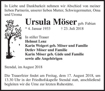 Traueranzeige von Ursula Möser (geb. Fabian)  von Magdeburger Volksstimme