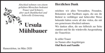 Traueranzeige von Ursula Mühlbauer  von Magdeburger Volksstimme