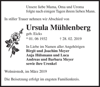 Traueranzeige von Ursula Mühlenberg (geb. Eicks)  von Magdeburger Volksstimme