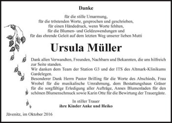 Traueranzeige von Ursula Müller  von Magdeburger Volksstimme