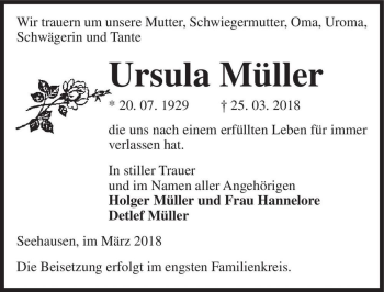 Traueranzeige von Ursula Müller  von Magdeburger Volksstimme