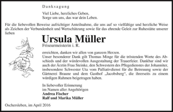 Traueranzeige von Ursula Müller  von Magdeburger Volksstimme