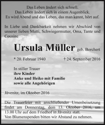 Traueranzeige von Ursula Müller (geb. Borchert)  von Magdeburger Volksstimme