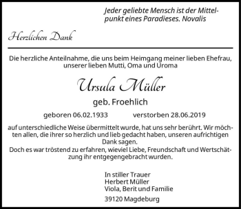Traueranzeige von Ursula Müller (geb. Froehlich)  von Magdeburger Volksstimme