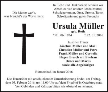 Traueranzeige von Ursula Müller (geb. Roth)  von Magdeburger Volksstimme