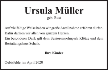 Traueranzeige von Ursula Müller (geb. Rust)  von Magdeburger Volksstimme