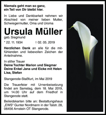 Traueranzeige von Ursula Müller (geb. Siegmund)  von Magdeburger Volksstimme
