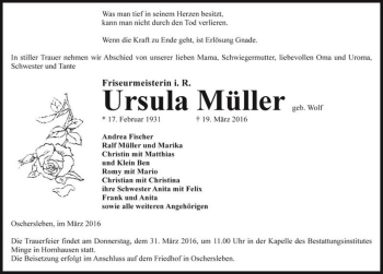 Traueranzeige von Ursula Müller (geb. Wolf)  von Magdeburger Volksstimme