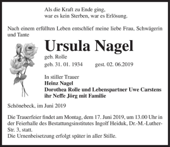 Traueranzeige von Ursula Nagel (geb. Rolle)  von Magdeburger Volksstimme