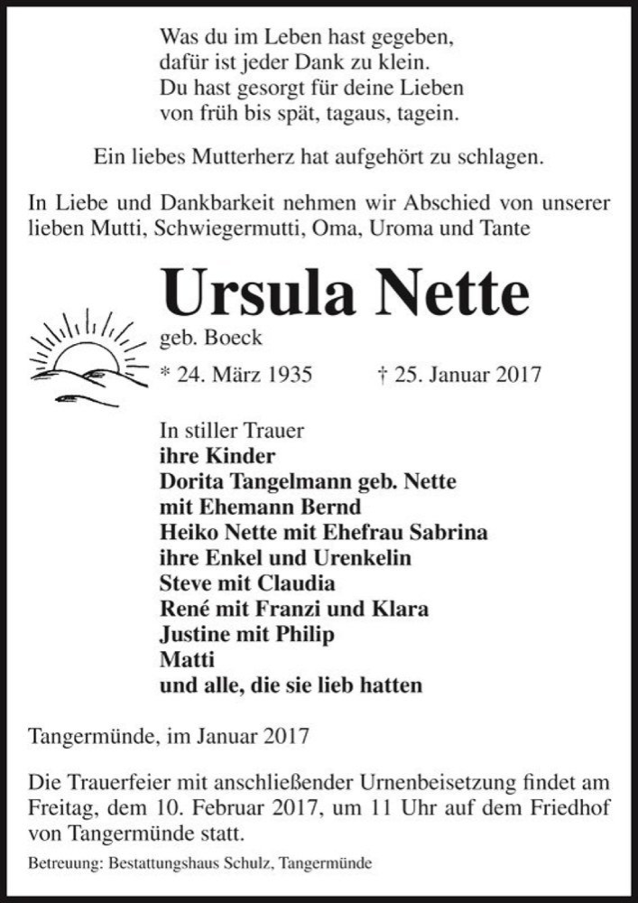  Traueranzeige für Ursula Nette (geb. Boeck)  vom 28.01.2017 aus Magdeburger Volksstimme