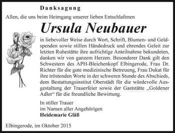 Traueranzeige von Ursula Neubauer  von Magdeburger Volksstimme
