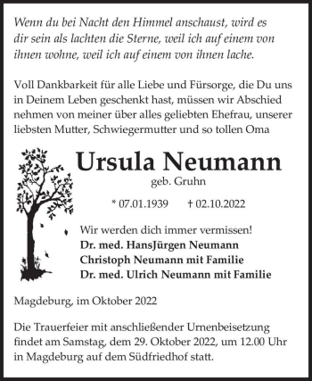 Traueranzeige von Ursula Neumann (geb. Gruhn)  von Magdeburger Volksstimme
