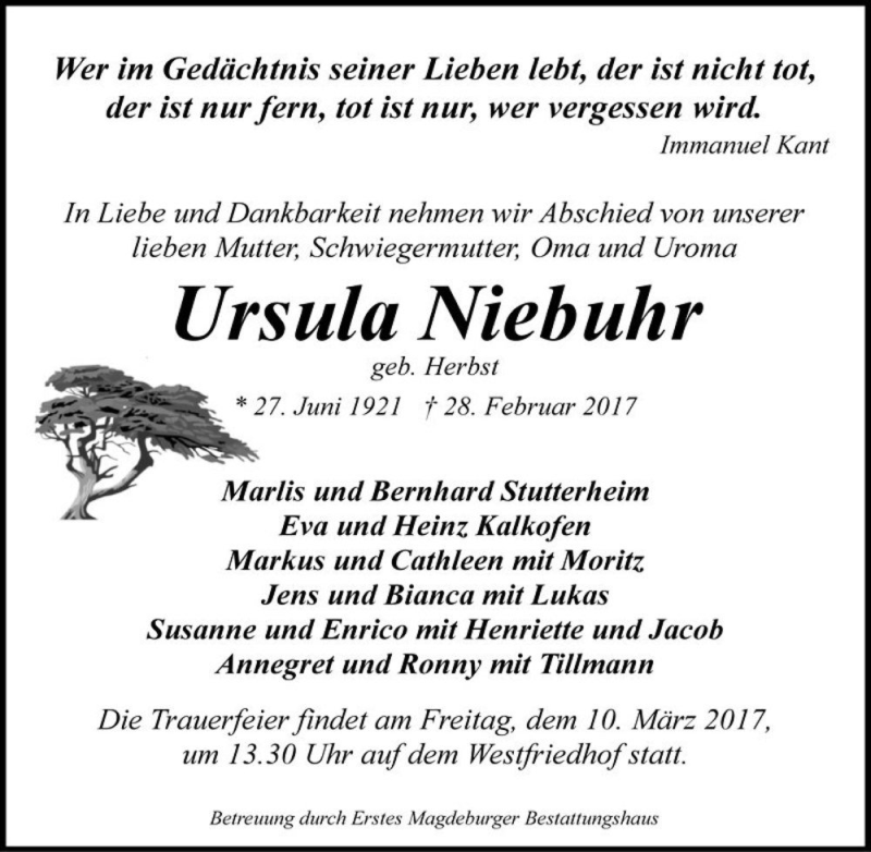 Traueranzeige für Ursula Niebuhr (geb. Herbst)  vom 04.03.2017 aus Magdeburger Volksstimme