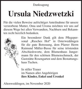 Traueranzeige von Ursula Niedzwetzki  von Magdeburger Volksstimme