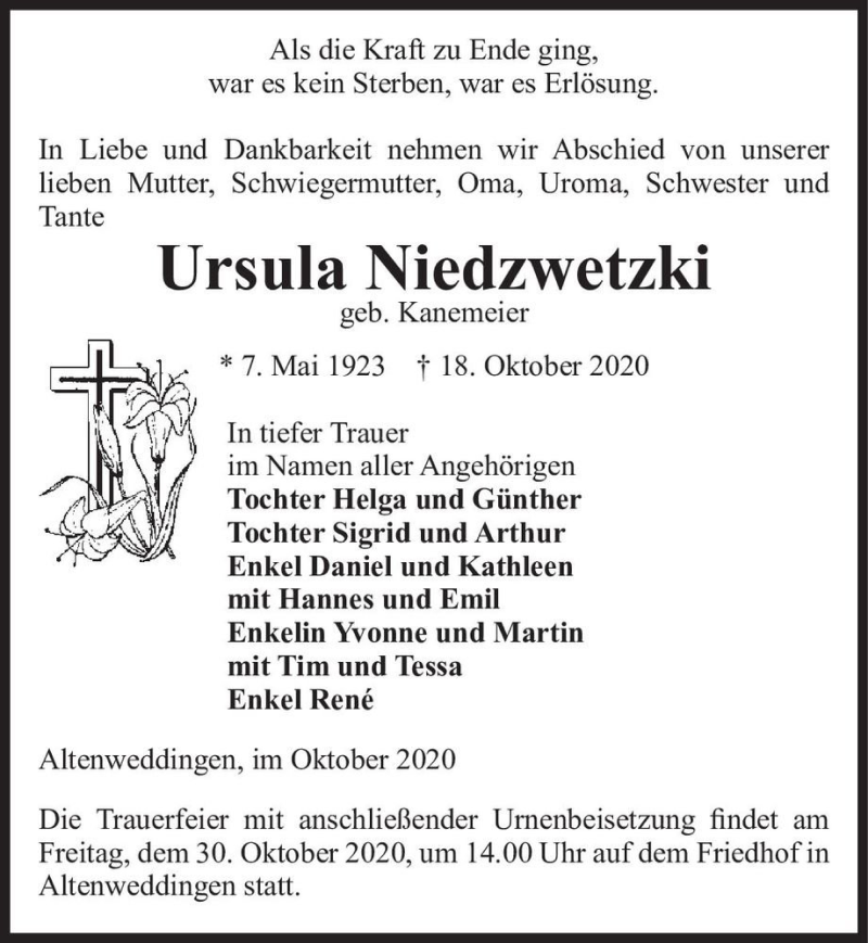  Traueranzeige für Ursula Niedzwetzki (geb. Kanemeier)  vom 24.10.2020 aus Magdeburger Volksstimme