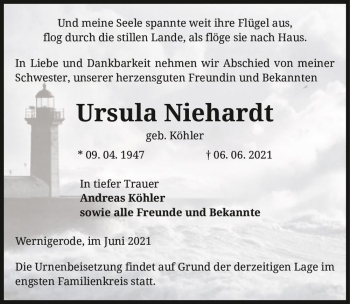 Traueranzeige von Ursula Niehardt (geb. Köhler)  von Magdeburger Volksstimme