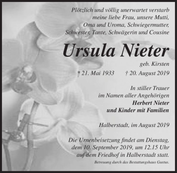 Traueranzeige von Ursula Nieter (geb. Kirsten)  von Magdeburger Volksstimme