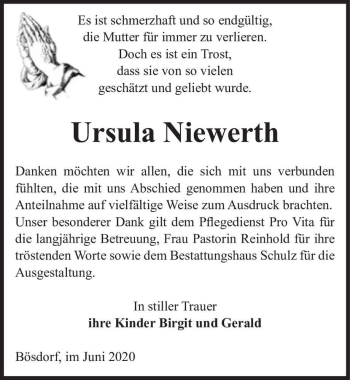 Traueranzeige von Ursula Niewerth  von Magdeburger Volksstimme