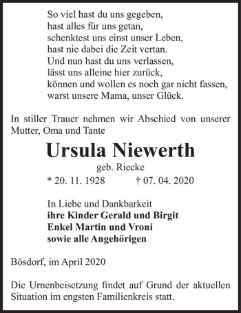 Traueranzeige von Ursula Niewerth (geb. Riecke)  von Magdeburger Volksstimme
