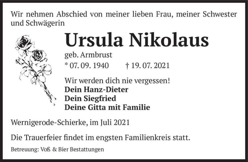 Traueranzeige für Ursula Nikolaus (geb. Armbrust)  vom 24.07.2021 aus Magdeburger Volksstimme