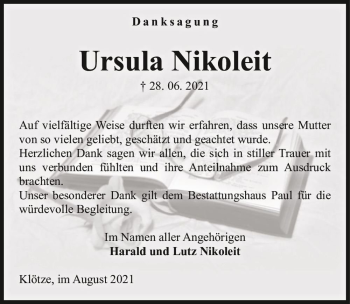 Traueranzeige von Ursula Nikoleit  von Magdeburger Volksstimme
