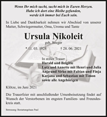 Traueranzeige von Ursula Nikoleit (geb. Seeger)  von Magdeburger Volksstimme
